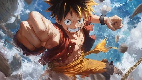 Energetic anime fighter punching forward in midair scene.