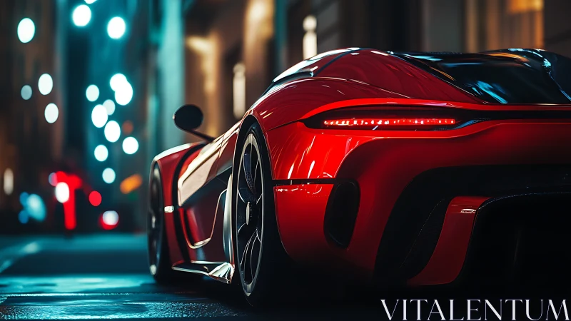 Sleek red supercar glowing softly under dreamy city lights.