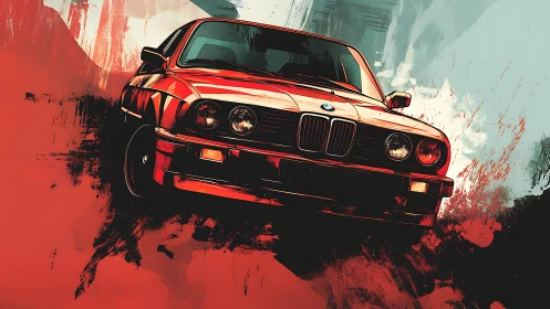 Red BMW coupe illustrated with bold dynamic brush strokes