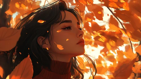 Autumn daydreamer beneath a drifting crown of ember leaves.