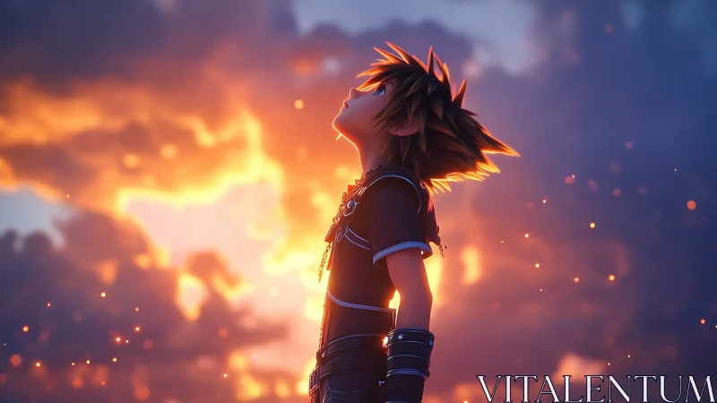 Backlit spiky-haired character studies glowing volumetric sunset clouds
