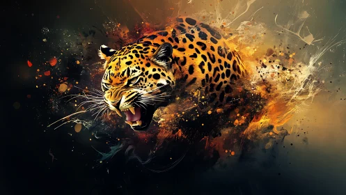 Leopard head in dynamic abstract splash composition.