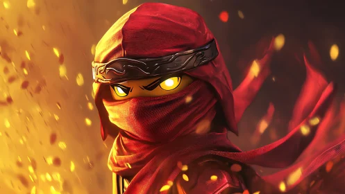 Masked red ninja figure in glowing ember filled scene.