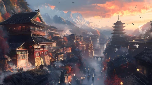 Sunset over misty mountain town with glowing pagodas.