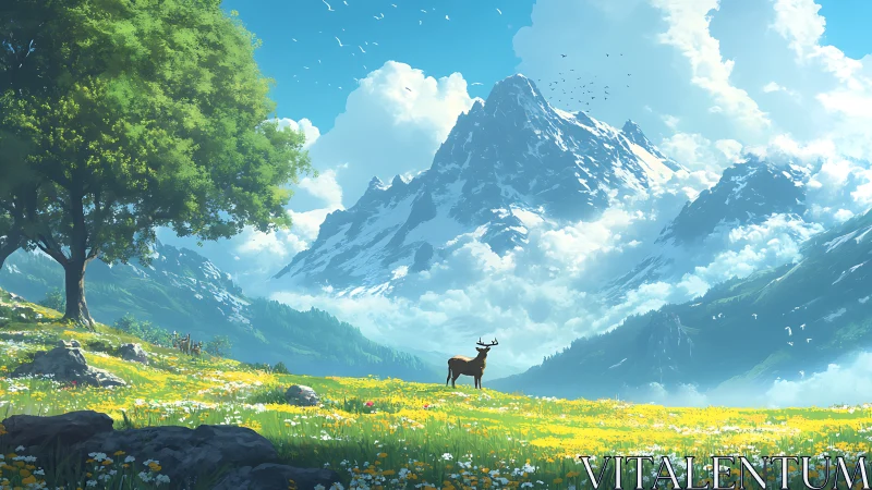 Solitary stag surveys alpine meadow beneath towering peaks