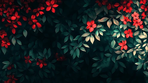 Red flowers over dark teal foliage in dense pattern.