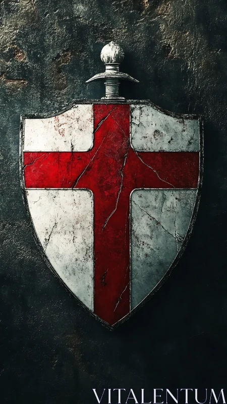 Weathered crusader shield with red cross and surface microfractures
