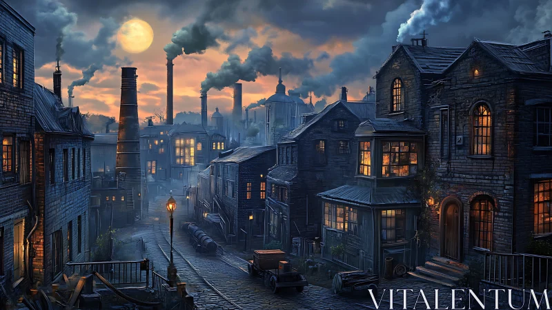 Industrial-era street scene depicts dense smokestacks at dusk