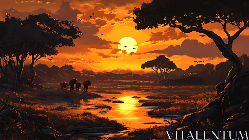 African Savanna Sunset with Silhouetted Acacia Trees and Wildlife.