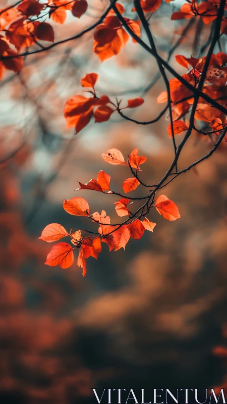Autumn tree branch with orange leaves in shallow focus.