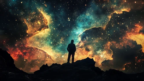 Silhouetted explorer contemplates vast, glowing cosmic nebula.