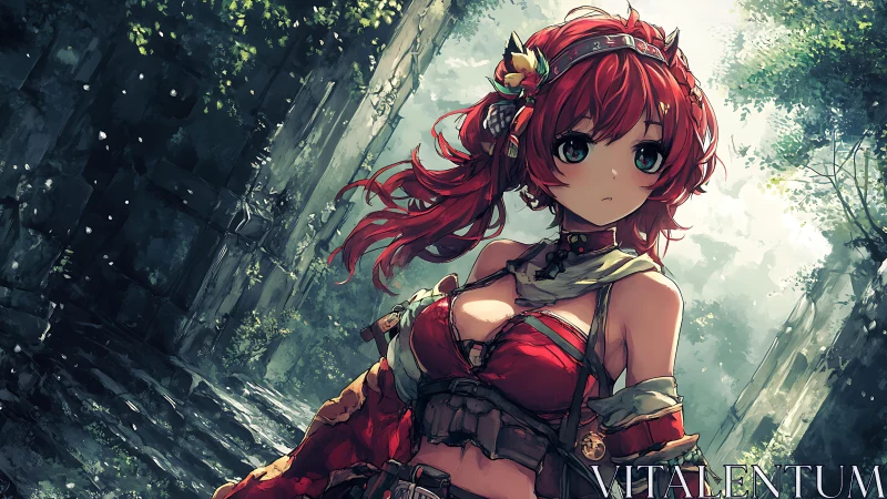 Red-haired anime girl in overgrown stone ruins environment.