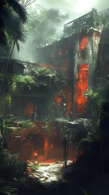 Jungle overrun brutalist ruin with molten interior light shafts