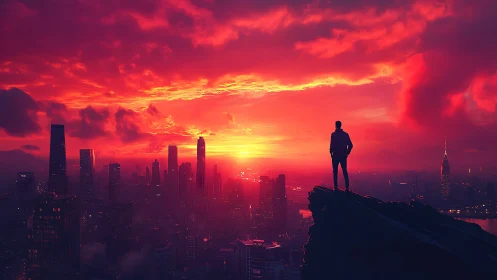 Lone silhouette watches neon city ignite under blazing sunset