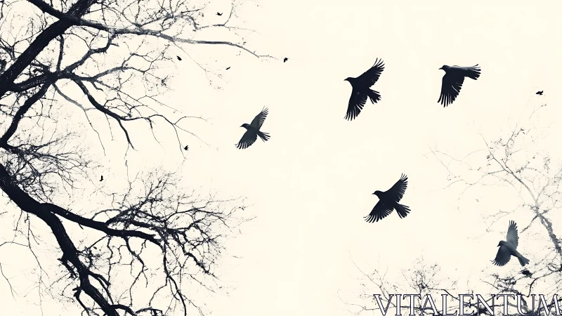 Black birds flying among bare trees in minimalist monochrome style.