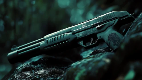 Tactical shotgun style firearm on wet rocks outdoors.