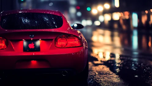 Neon‑lit rear view of red sports coupe in rainy urban street.