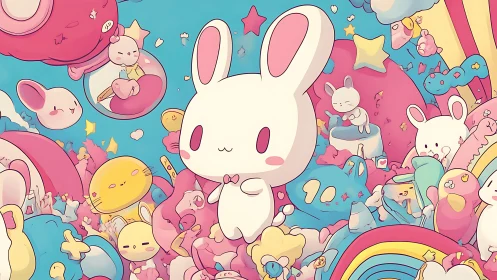 Kawaii bunny character in dense pastel candyland composition