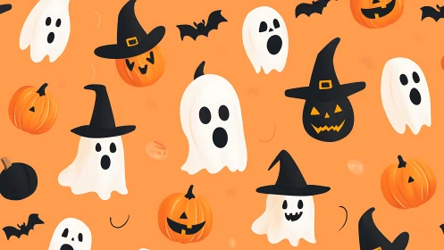 Playful ghost parade dancing with pumpkin witch faces.