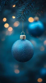 Glittered blue ornament under pine boughs in soft bokeh glow.