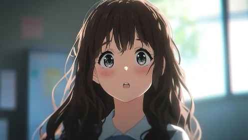 Anime schoolgirl portrait in softly lit classroom interior.