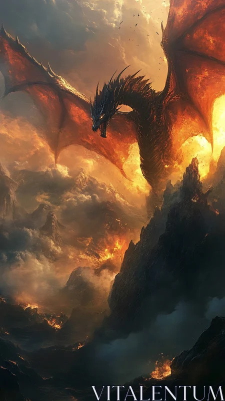 Fire dragon dominating volcanic sky over burning peaks.