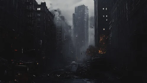 Post-collapse rain-soaked megacity canyon under structural failure.