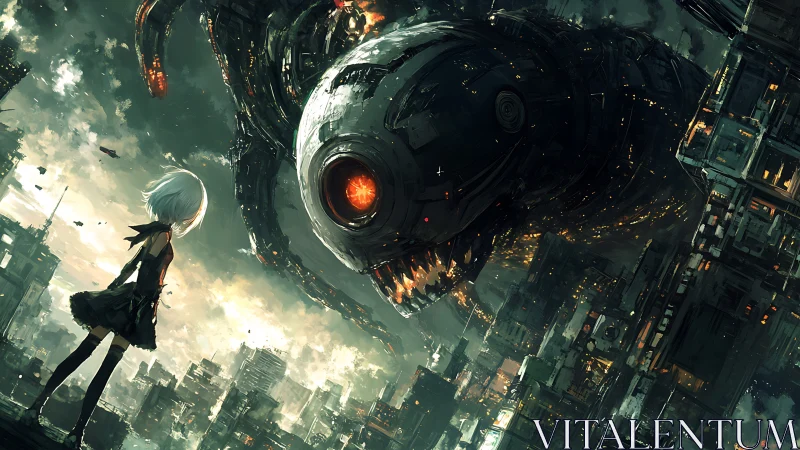 Neon-eyed titan bends low to greet the lone city wanderer