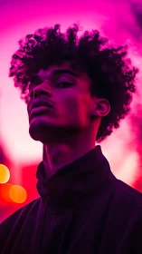 Portrait shows side-lit subject in saturated magenta lighting