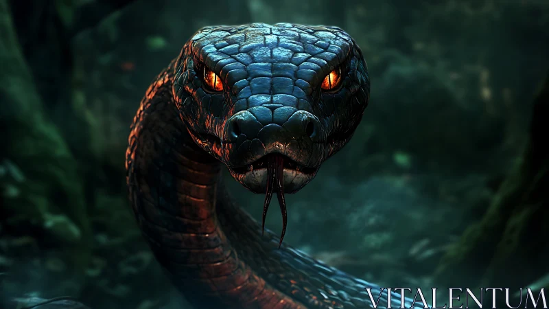 Predatory serpent emerges from shadowed jungle gloom