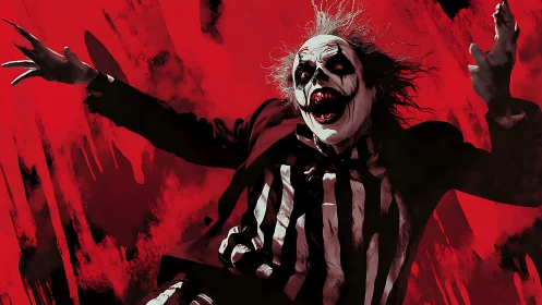 Figure in striped suit extends arms before red painted field