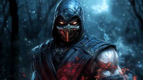 Hooded fire warrior stalks a misty blue haunted forest.