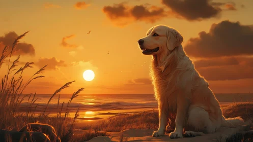 Golden retriever in luminous sunset seascape repose.