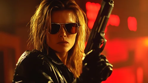 Photorealistic neon vigilante with handgun and cinematic backlight.