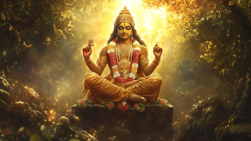 Seated deity figure is centered amid dense illuminated foliage