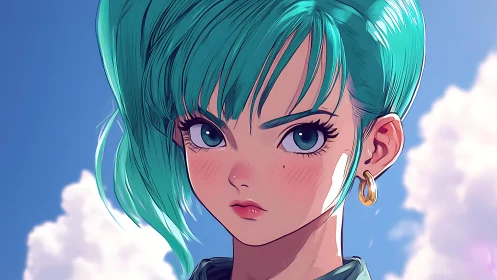 Sky-bright heroine with teal hair and stormy, steady gaze.