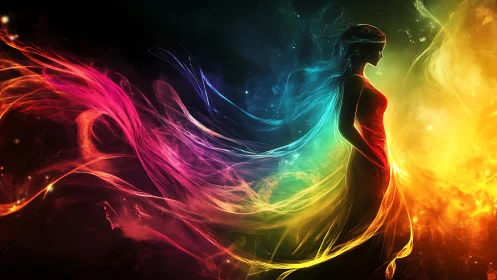 Silhouetted female figure amid multicolored flowing light forms.