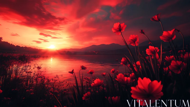 Spectral red dusk over lacustrine meadow with macro florals.