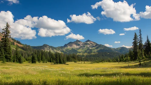 Meadow daydream beneath bright whispering mountain peaks.