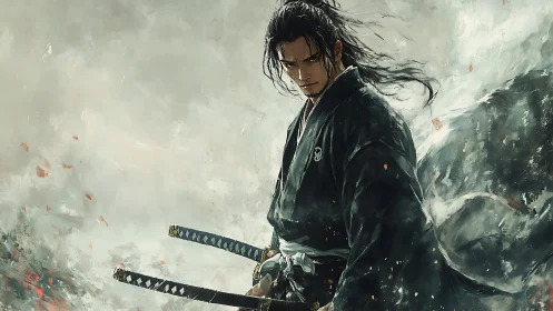 Lone samurai stands in swirling mist, calm yet powerful.