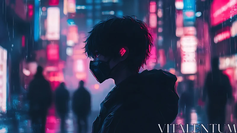 Masked neon wanderer in rain-soaked cyberpunk avenue.