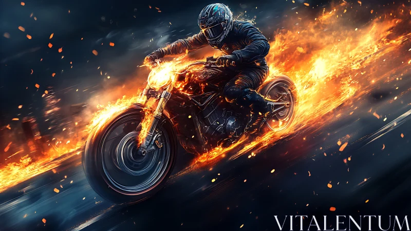 Motorcycle rider speeds through dark road in blazing fire