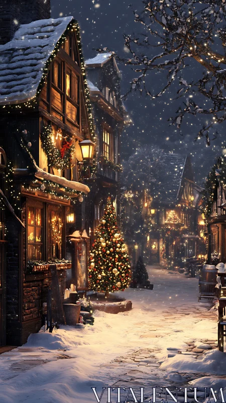 Snowy old-town street with glowing Christmas decorations.