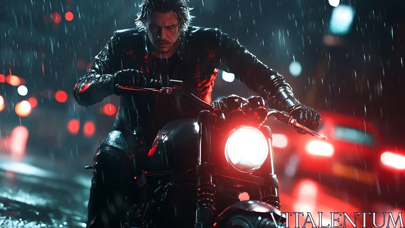 Motorcyclist drives through nocturnal rain with cinematic red bokeh