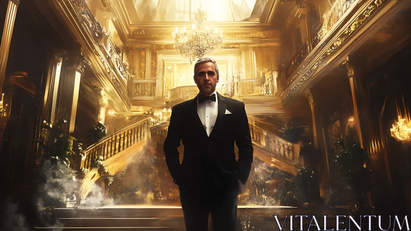 Suited man stands in burning golden palace hallway