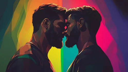 Two male figures in profile against multicolor gradient background.