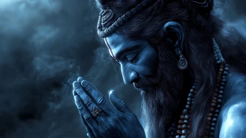 Blue toned digital portrait shows praying bearded figure