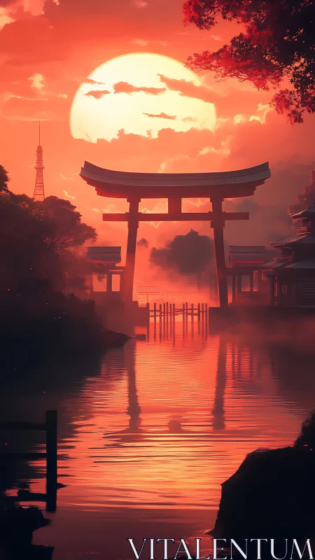 Crimson torii gateway bathing in molten sunset reflections.