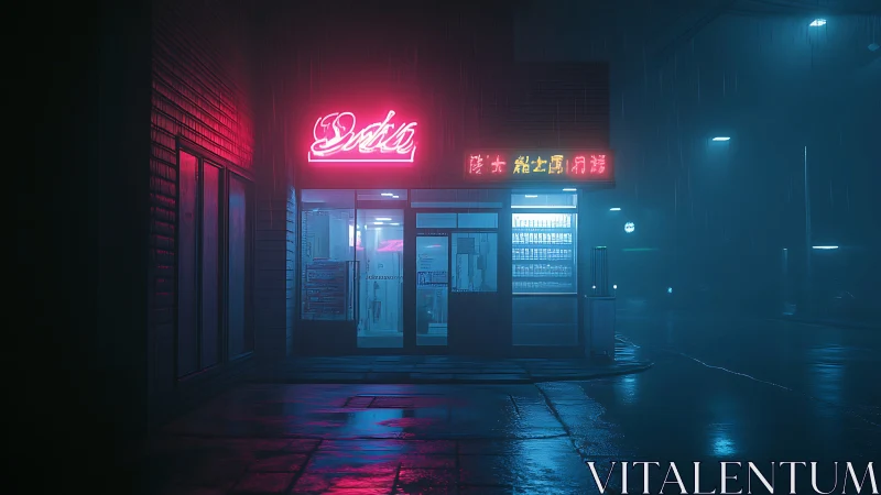 Neon corner store glowing softly through a rainy midnight.