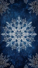 Ornate white snowflake mandala on deep indigo cosmic field.